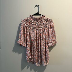 Ann Taylor Floral Ruffle Blouse - Red and White